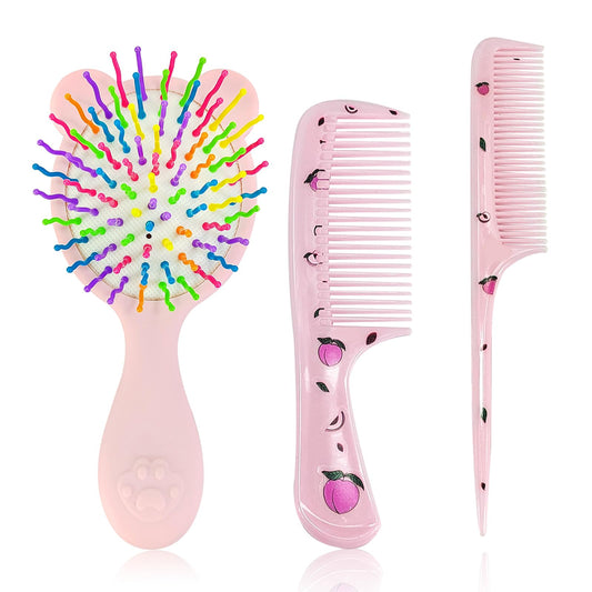 Cosysparks Toddler Detangler Hair Brush and Comb Set - 3-Piece Mini Airbag Massage Tool for Girls - Cute Kids' Pocket Design