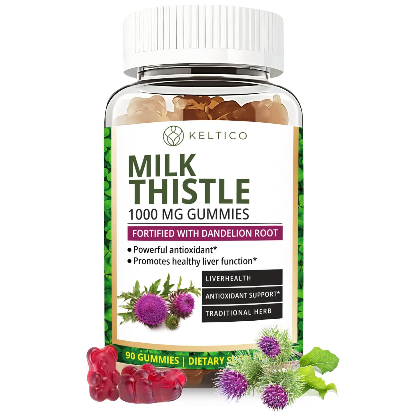 Keltico Milk Thistle Gummies 1000mg – Fortified with Dandelion Root – Liver Support & Detox Supplement – Vegan, Gluten-Free – Antioxidant Support - 90-Day Supply - Liver Health - Cleanse