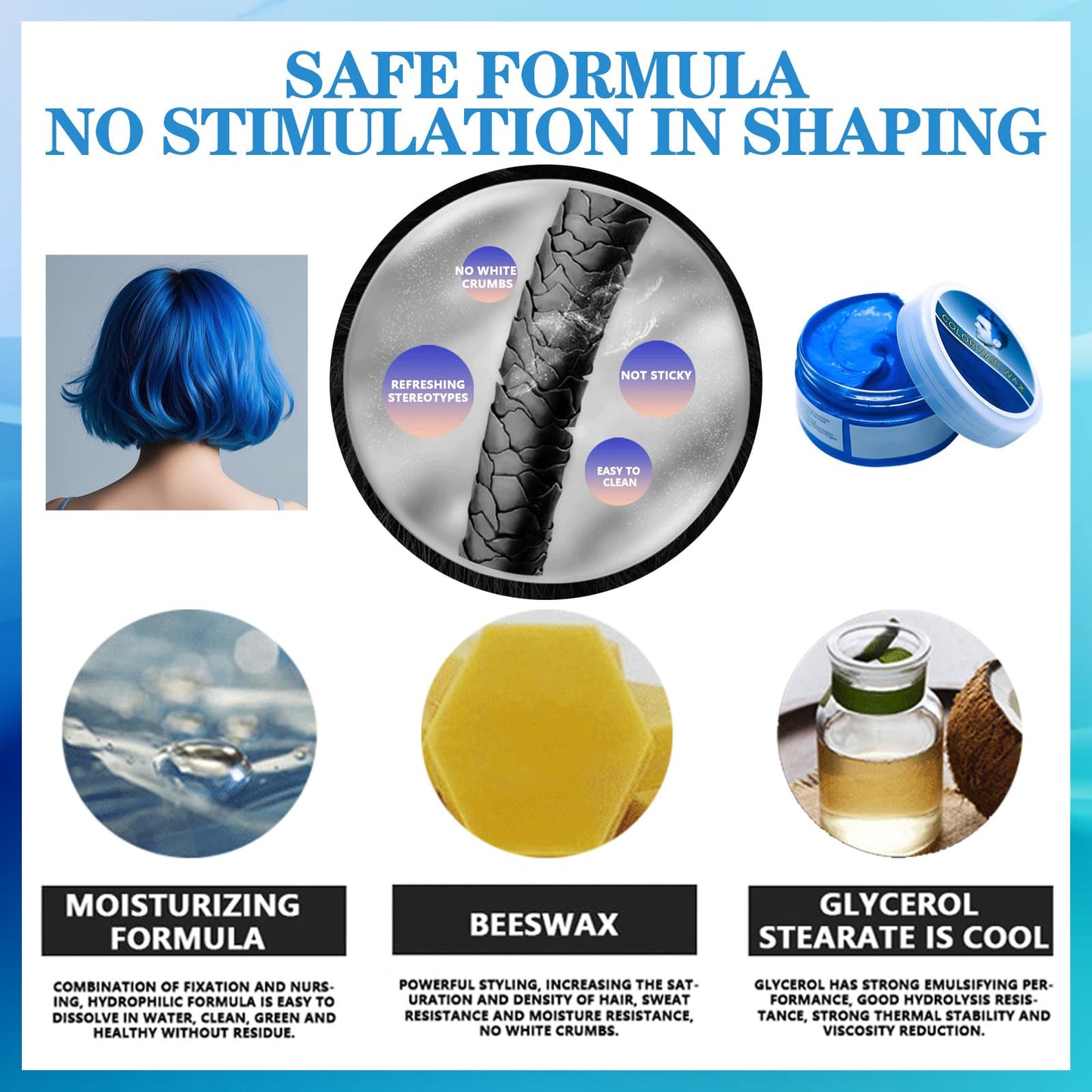 MINSHZEE Hair Wax Blue Temporary Hair Gel, Easy Wash Out Long Lasting Hair Colour, Styling Hair Wax Hair Colour Mud for Men Women Instant Styling (100ml)