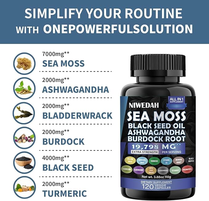 NIWEDAH Sea Moss 7000mg Ashwagandha 2000mg Black Seed Oil 4000mg Turmeric 2000mg Bladderwrack 2000mg Burdock 2000mg & Ginger Vitamin C Vitamin D3 with Elderberry Manuka Dandelion Yellow Dock (120 Capsules)