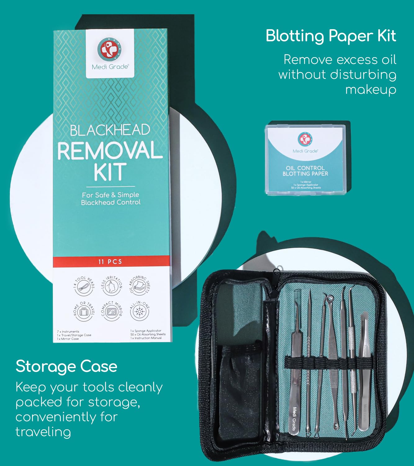 Medi Grade Blackhead Remover Tools - Effective Spot Treatment Popping Kit for Acne Prone Skin - 7 Skincare Tools with 50 Sheets of Oil Absorbing Blotting Paper, Pimple Popper Spot Treatment Kit