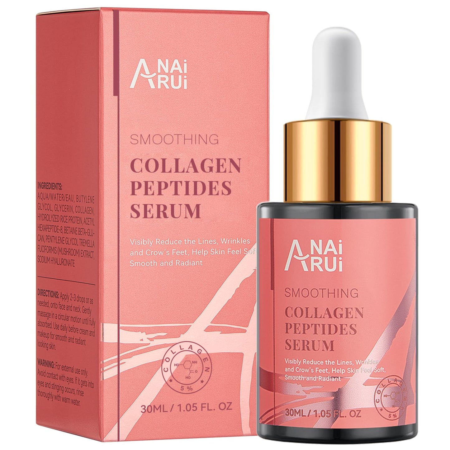 ANAiRUi Collagen Peptide Serum for Face with Hyaluronic Acid | Targets Fine Lines & Wrinkles | Plumps and Firms Skin | Anti-aging Collagen Serum for Face & Neck, 30ml