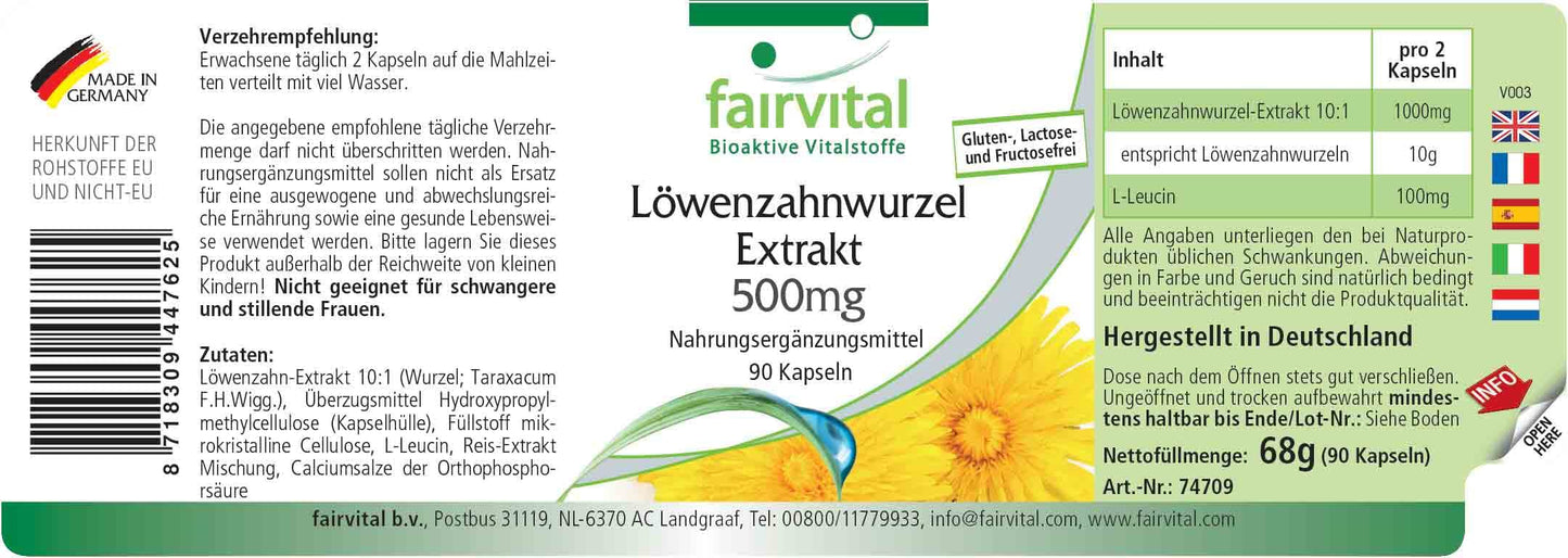 Fairvital | Dandelion Root Extract 500mg - Vegan - HIGH Dosage - 90 Capsules - 10-fold Concentrated
