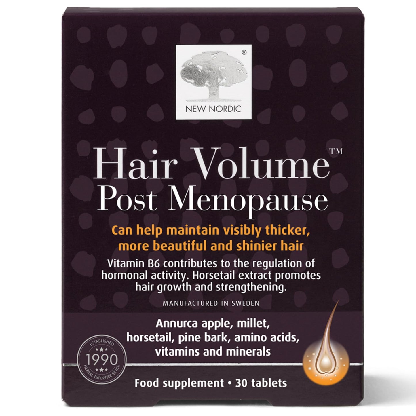 New Nordic Hair Volume Menopause | Supports Healthy Hair Growth | Extra Strength 3000 mcg Biotin, Vitamins B6 and B12 | Nourishes Mature Hair for Women | 30 Tablets