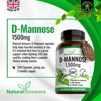 Natural Answers D-Mannose 180 Capsules - Max Strength 1500mg per Serving - Precision DMannose - Vegetarian Capsules not Tablets or Pills, Made in The UK (180 Count (Pack of 1))