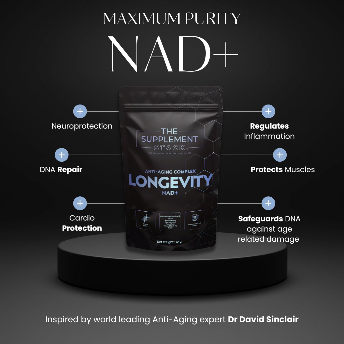 The Supplement Stack Longevity - Anti-Aging NAD+ Supplement with Nicotinamide Riboside, Glycine, NAC, Trans-Resveratrol, Pterostilbene, Fisetin & Vitamin D3/K2 for Cellular Health, Energy, and Vitality – Premium Formula