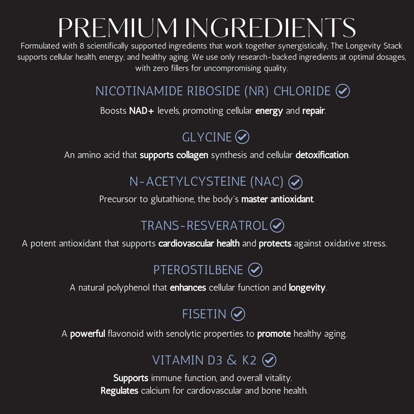 The Supplement Stack Longevity - Anti-Aging NAD+ Supplement with Nicotinamide Riboside, Glycine, NAC, Trans-Resveratrol, Pterostilbene, Fisetin & Vitamin D3/K2 for Cellular Health, Energy, and Vitality – Premium Formula