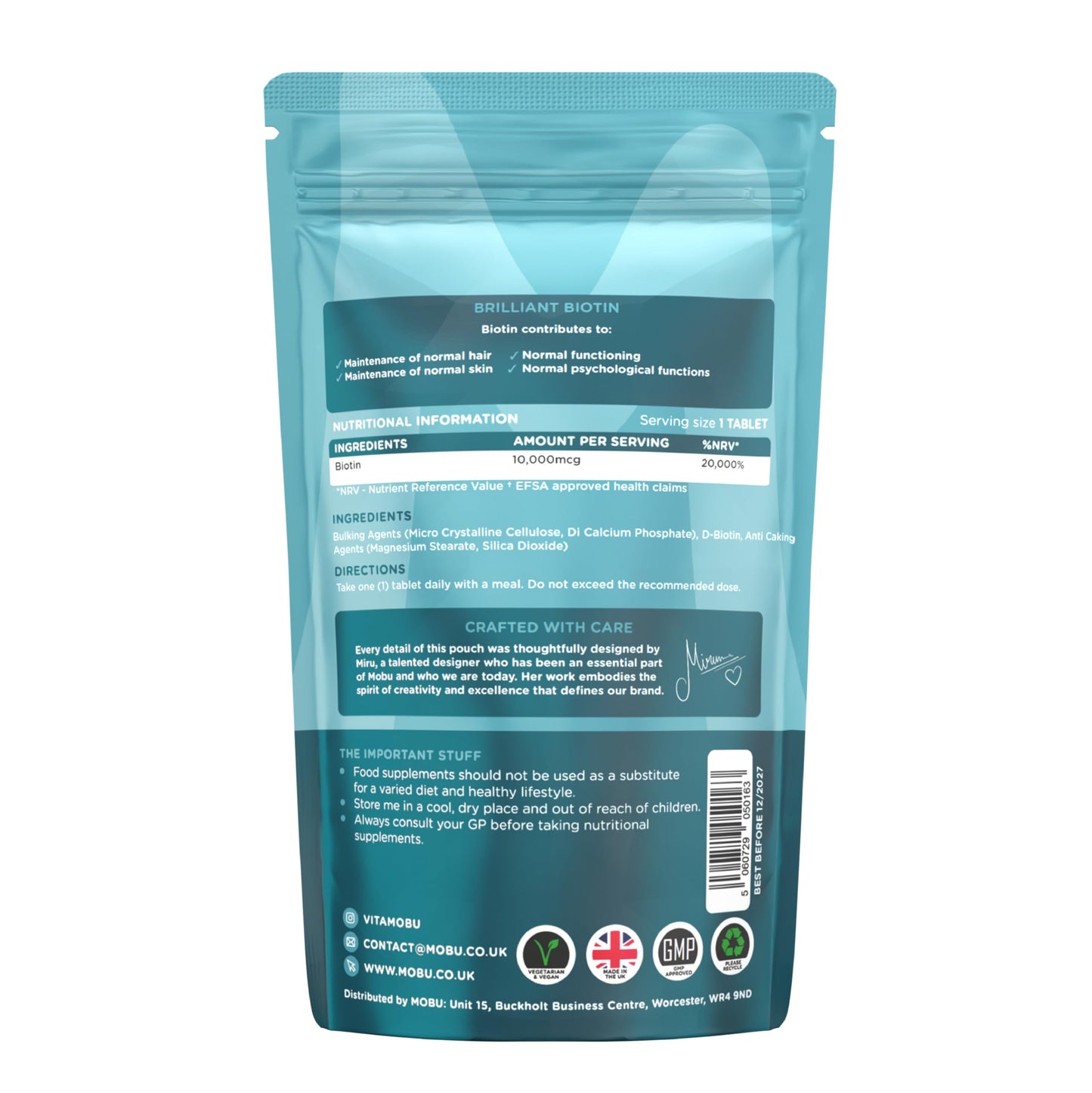 Biotin Tablets 10,000mcg |120 Tablets | Healthy Hair Growth | Hair, Skin & Nail Vitamin | Biotin Supplement | Vegan | GMP Approved | MOBU