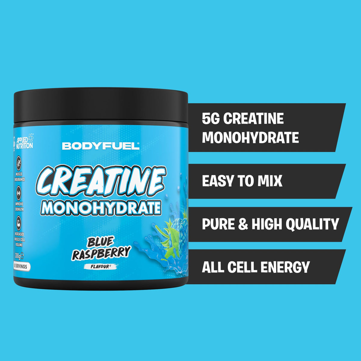 Applied Nutrition BodyFuel Creatine Monohydrate Powder, Increases High-Intensity Physical Performance, Blue Raspberry (300g - 60 Servings)