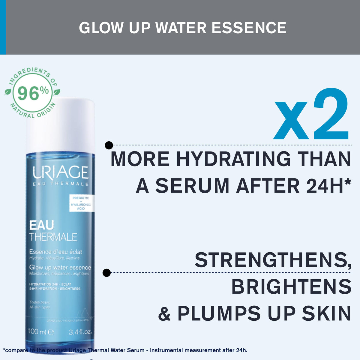 Uriage Glow up Water Essence with Hyaluronic Acid - Hydrates - Clears & Tightens Pores - Bergamot & Peach Scent - High Tolerance - 96% Ingredients of Natural Origin - 100ml