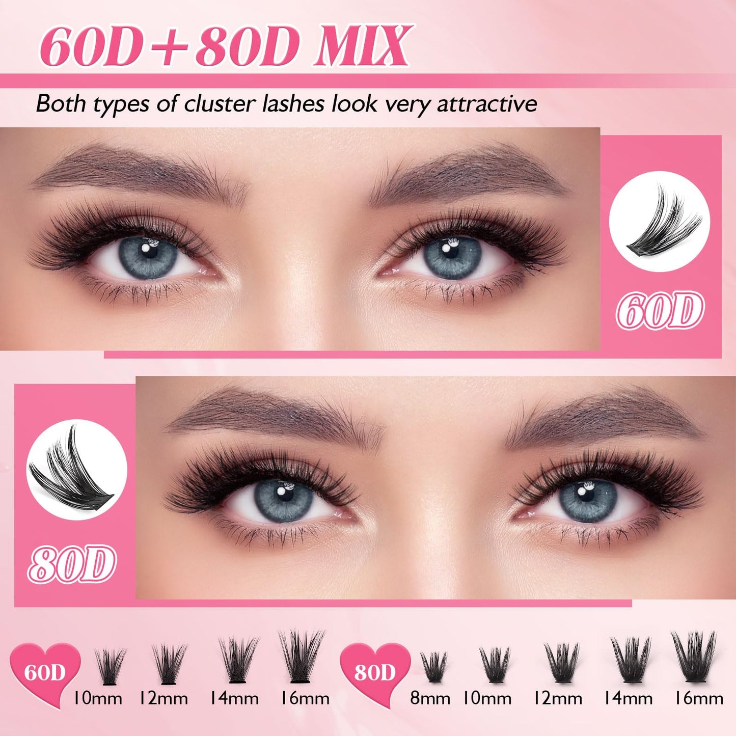 Sixstarhair Eyelashes Individual Kit 60D+80D Cluster Lashes with Tweezers and Lash Bond and Remover Kit Thick Clumpy Lashes Individual Cluster 8-16mm Fluffy Lash Extensions Diy at Home