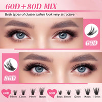 Sixstarhair Eyelashes Individual Kit 60D+80D Cluster Lashes with Tweezers and Lash Bond and Remover Kit Thick Clumpy Lashes Individual Cluster 8-16mm Fluffy Lash Extensions Diy at Home
