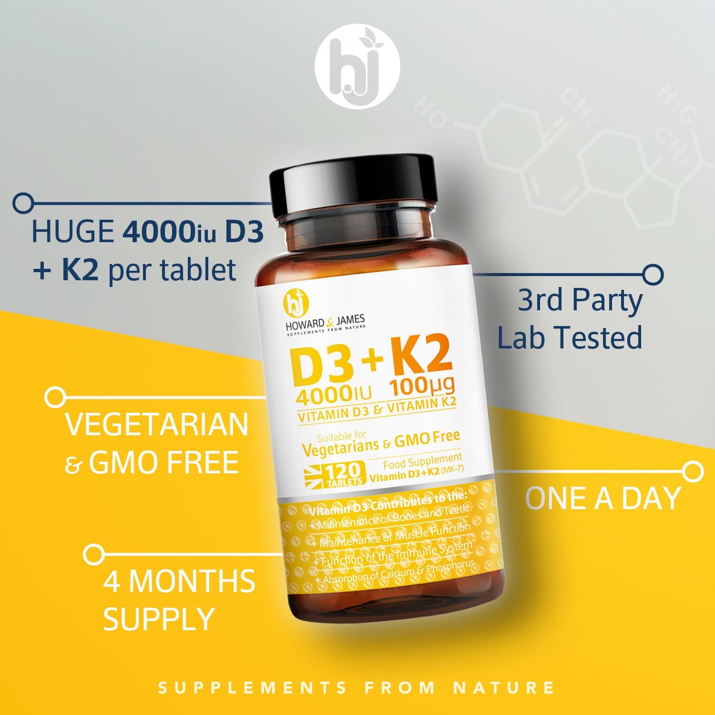 HOWARD & JAMES Vitamin D3 4000iu Plus Vitamin K2 100ug 120 High Strength Vegetarian Tablets