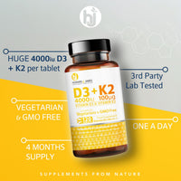 HOWARD & JAMES Vitamin D3 4000iu Plus Vitamin K2 100ug 120 High Strength Vegetarian Tablets