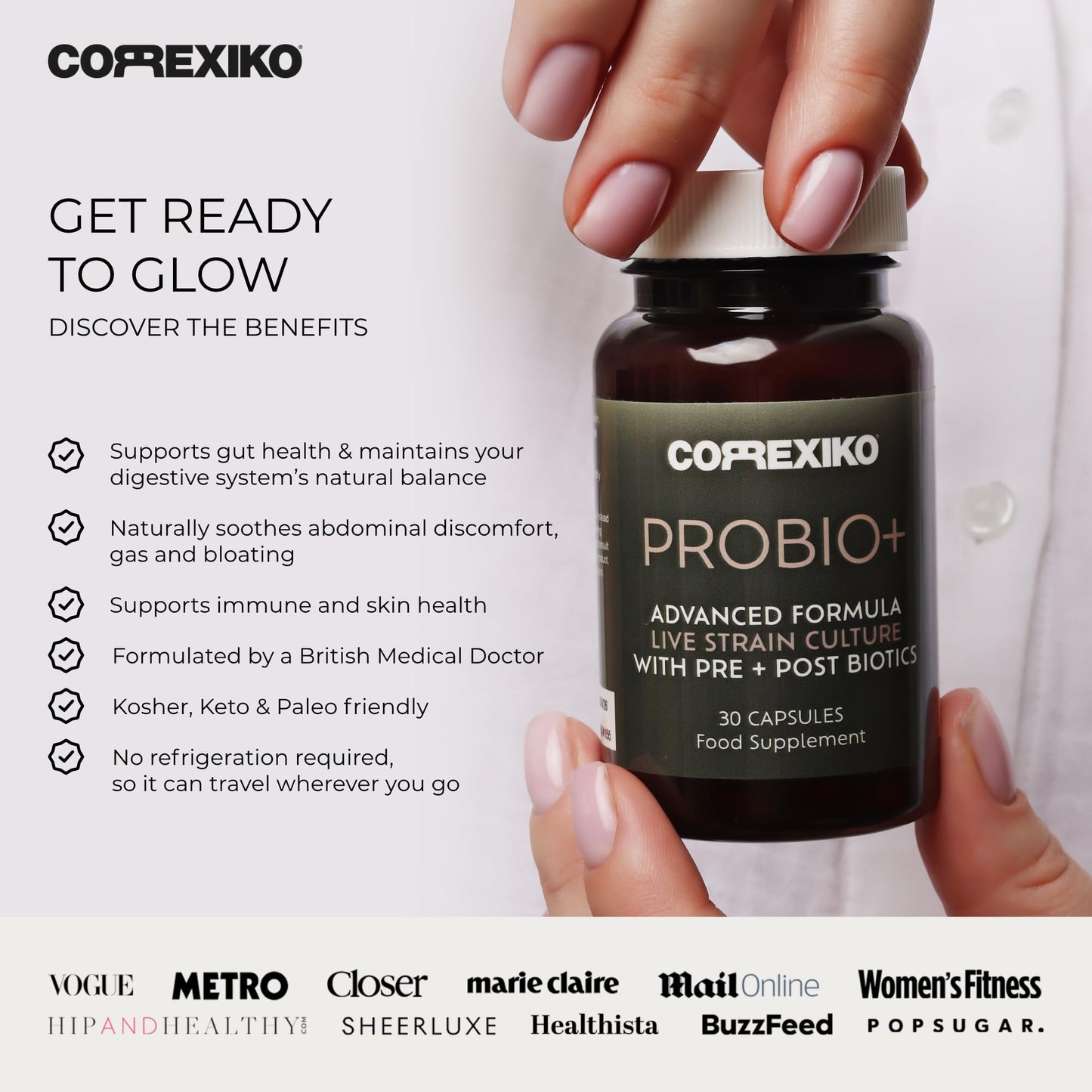 CORREXIKO Probio+ Probiotic Tablets - Advanced 12 Strain Culture - Contains Prebiotics & Postbiotics for Gut Health - Supports Digestion, Immune Health & Reduces Bloating - 30 Capsules, 1 Month Supply