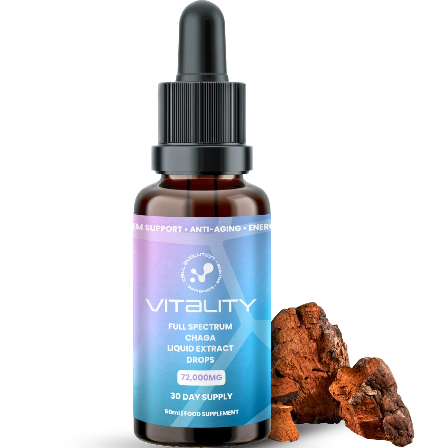 Cell Evolution Chaga Full Spectrum Liquid Mushroom Drops Supplement, Super Strength 72,000mg (15:1), Immune Support & Anti Aging, Natural & Suitable for Vegans & Vegetarians
