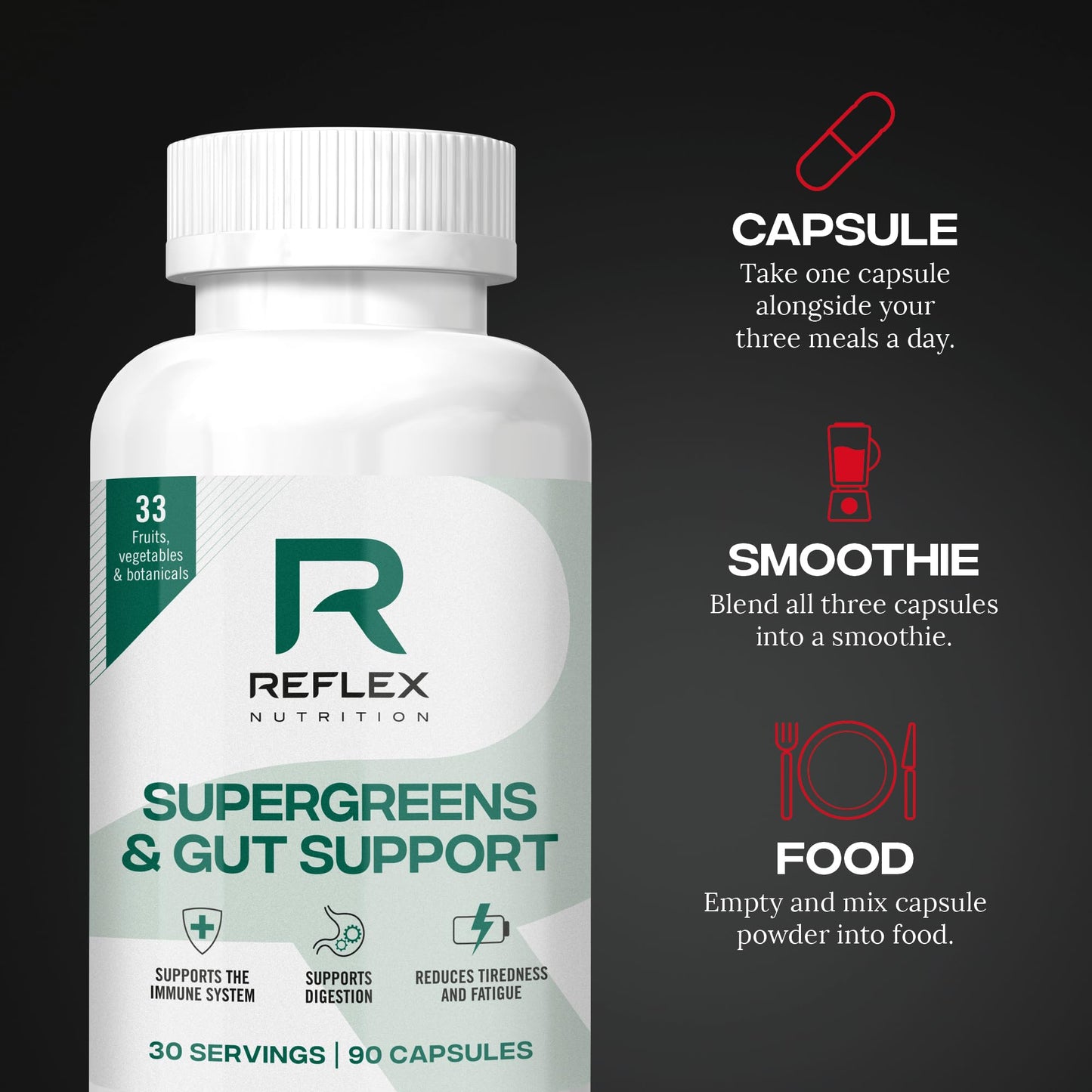 Reflex Nutrition Reflex Nutition Supergreens & Gut Support - 33 Active Ingredients - Prebiotics, Probiotics, Vitamins & Minerals - Immune Support, Reduce Fatigue & Bloating - Vegan Gut Health Supplement (90 Capsules)