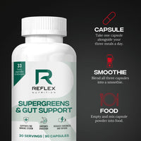 Reflex Nutrition Reflex Nutition Supergreens & Gut Support - 33 Active Ingredients - Prebiotics, Probiotics, Vitamins & Minerals - Immune Support, Reduce Fatigue & Bloating - Vegan Gut Health Supplement (90 Capsules)