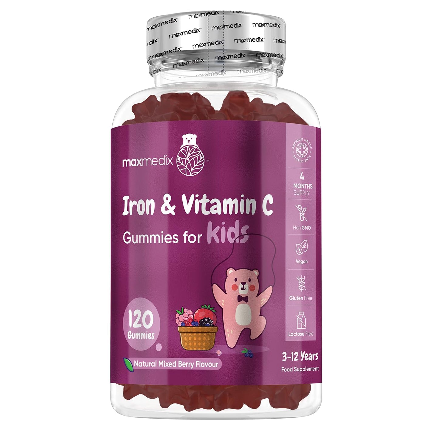 maxmedix Iron Gummies for Kids - 4 Months Supply - 120 Gummies - with Vitamin C - Natural Mixed Berry Flavour - Bioavailable Forms - Lactose-Free & Vegan Iron Supplements for Kids - No Metallic Aftertaste