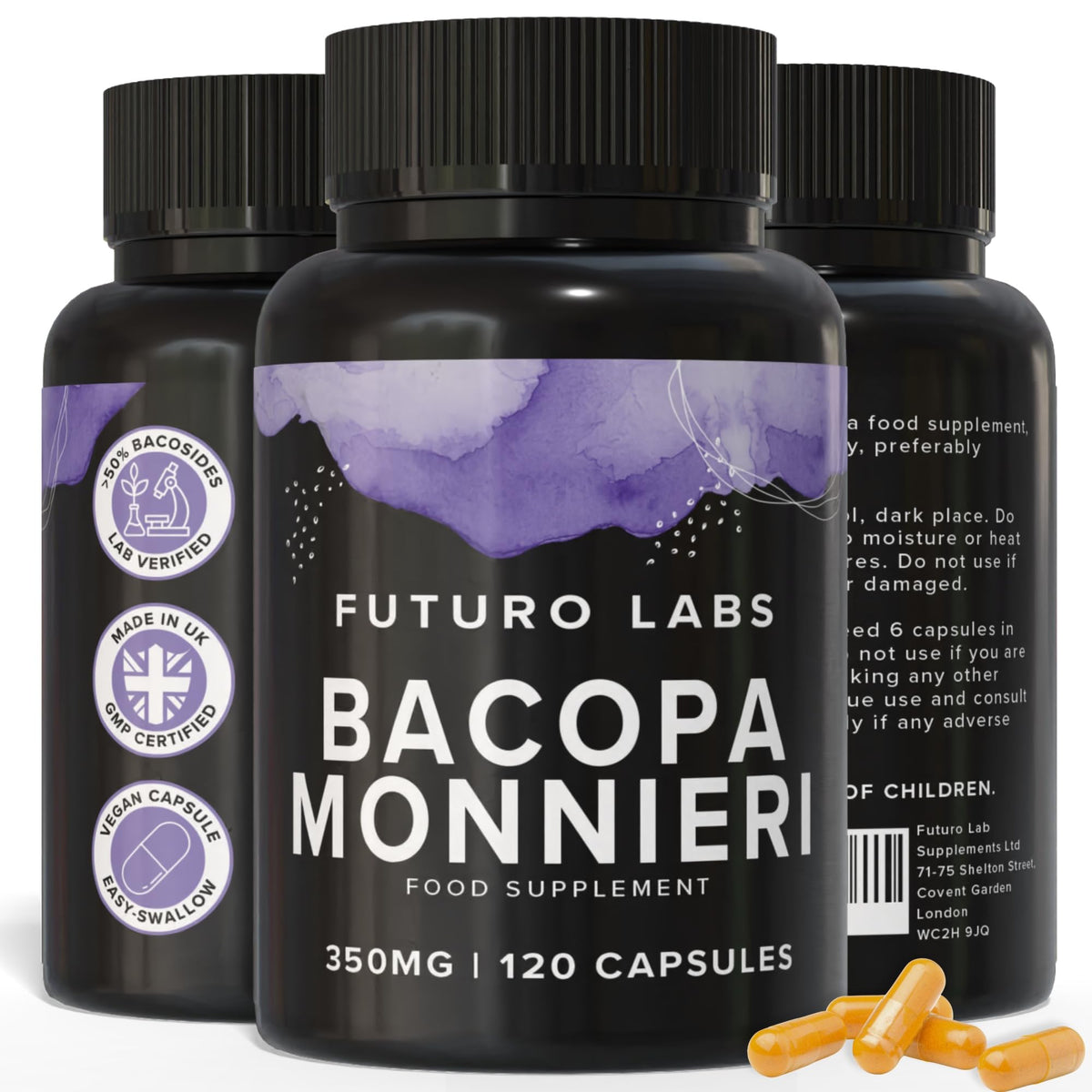 Futuro Labs Bacopa Monnieri Capsules 350mg - Brain/Memory Supplements - Made in The UK - 4 Month Supply - Vegan, Non-GMO, Gluten-Free. Natural Ayuverdic Supplement Bacopa Extract