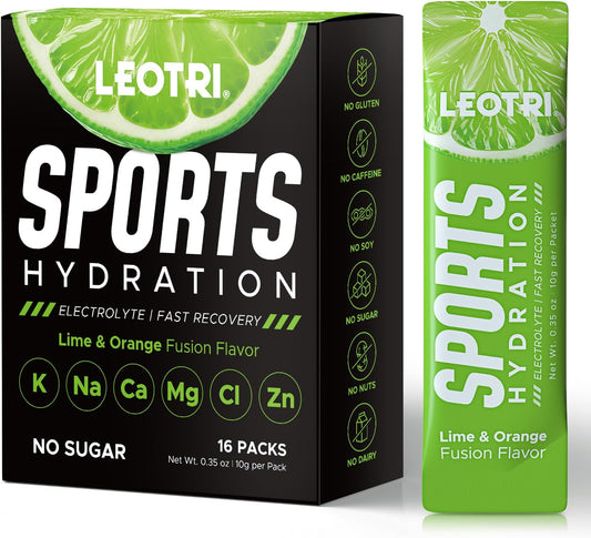 Sugar Free Electrolyte Powder Packets - Sport Hydration Drink Mix Supplement, Keto Friendly with 6 Key Electrolytes, Rich in Vitamin B and C, 1000mg BCAA - No Sugar, 16 Sticks, Lime & Orange Flavor