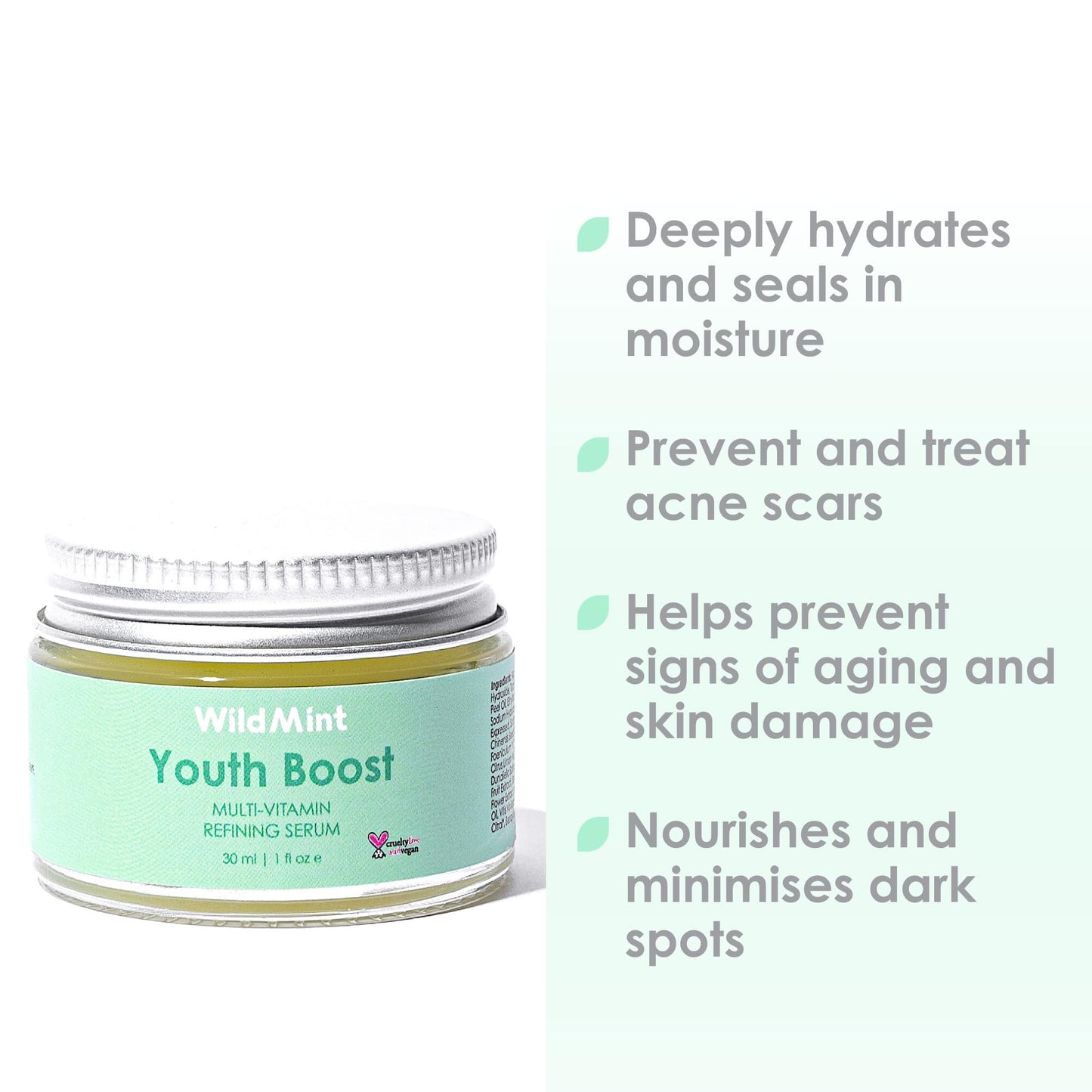 WildMint Youth Boost Natural Face Serum | Hydrating Anti-Aging Serum for Sensitive, Dry, Mature & Menopause Skin | Hyaluronic Acid & Vitamin C | UK Made Vegan & Cruelty-Free Skincare | 30ml