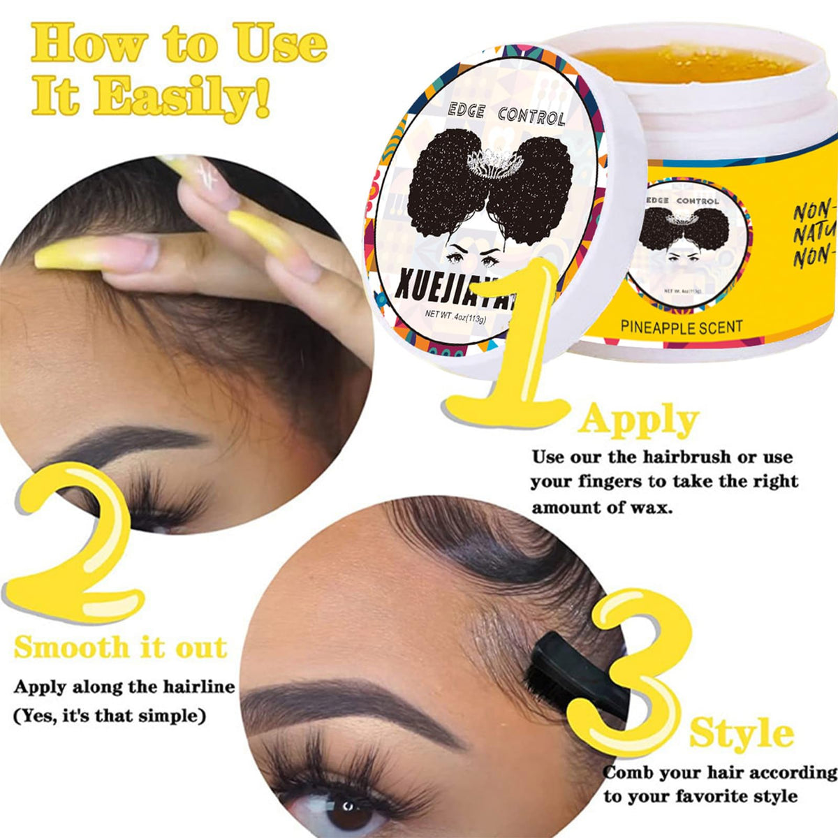 Fashion Base Edge Control Wax for Black Women - Edge Control Gel for Afro Hair - Strong Hold - Non-greasy - No White Residue - Afro Hair Products Gel (Pineapple Scent) 4 Ounces