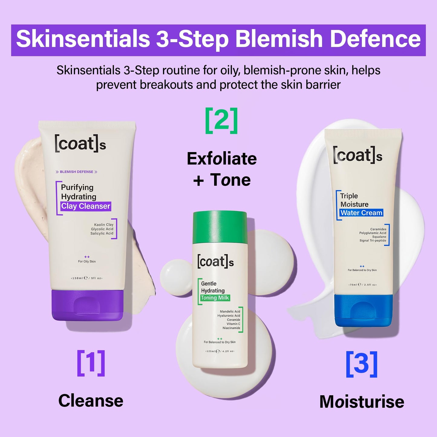 Coats Blemish Defence 3-Step Bundle for Oily Skin – Purifying Hydrating Clay Cleanser, Gentle Hydrating Toning Milk + Triple Moisture Water Cream – Helps Prevent Breakouts, Designed for Young Skin