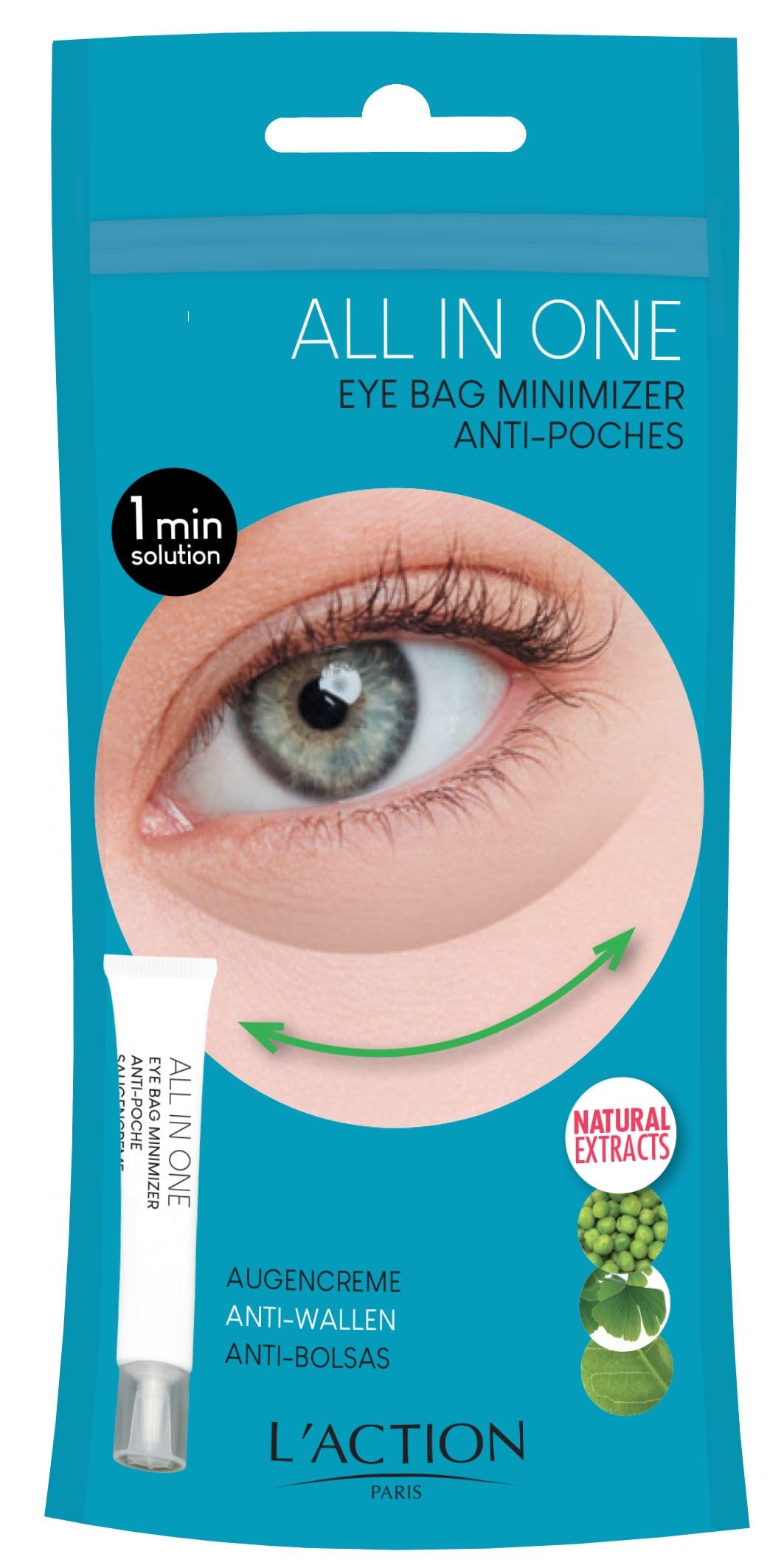 L'Action Paris All In One Eye Bag Minimiser, Natural Plant Based Cream Minimises Tired Eyes and Eye Bags, Vitamin E Softens and Hydrates Skin, Youthful Complexion, 20ml