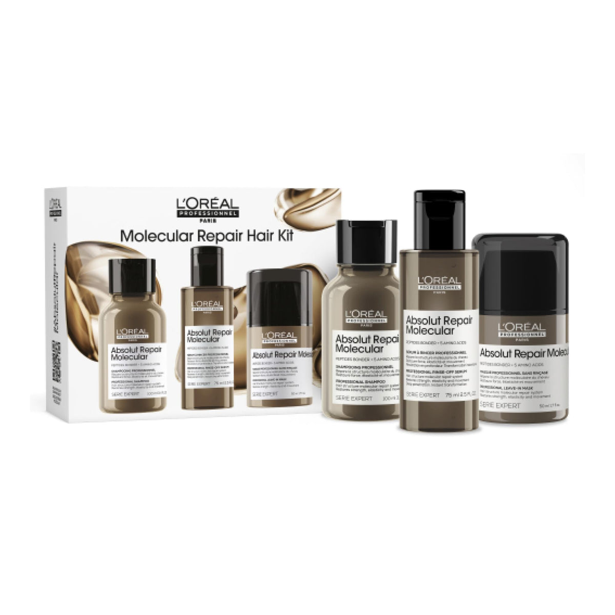 L'Oréal Professionnel Paris L'Oréal Professionnel Absolut Repair Molecular Shampoo, Rinse-Off Serum & Leave-In Treatment Mini Trio Kit, For Extremely Damaged Hair, Molecular Bond Repair & restores strength, 100ml, 75ml & 50ml