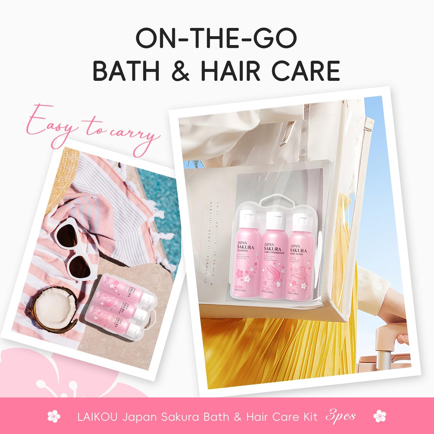 LAIKOU Sakura Spa Gift Set, Bath & Hair Care Travel Kit, Shampoo, Conditioner & Body Wash, Hydrating, Nourishing & Gentle for All Skin & Hair Types, Christmas Birthday Gifts for Women Teenage Girl