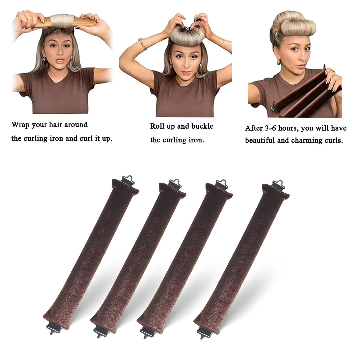 LIYANHU 4 Pcs Heatless Blowout Rods, Brown Overnight Blowout Rods, Heatless Curls, Heatless Curling Rod, Blow out Rods - No Heat Curls to Sleep for Curl Rods, Women Long Hair for All Hair