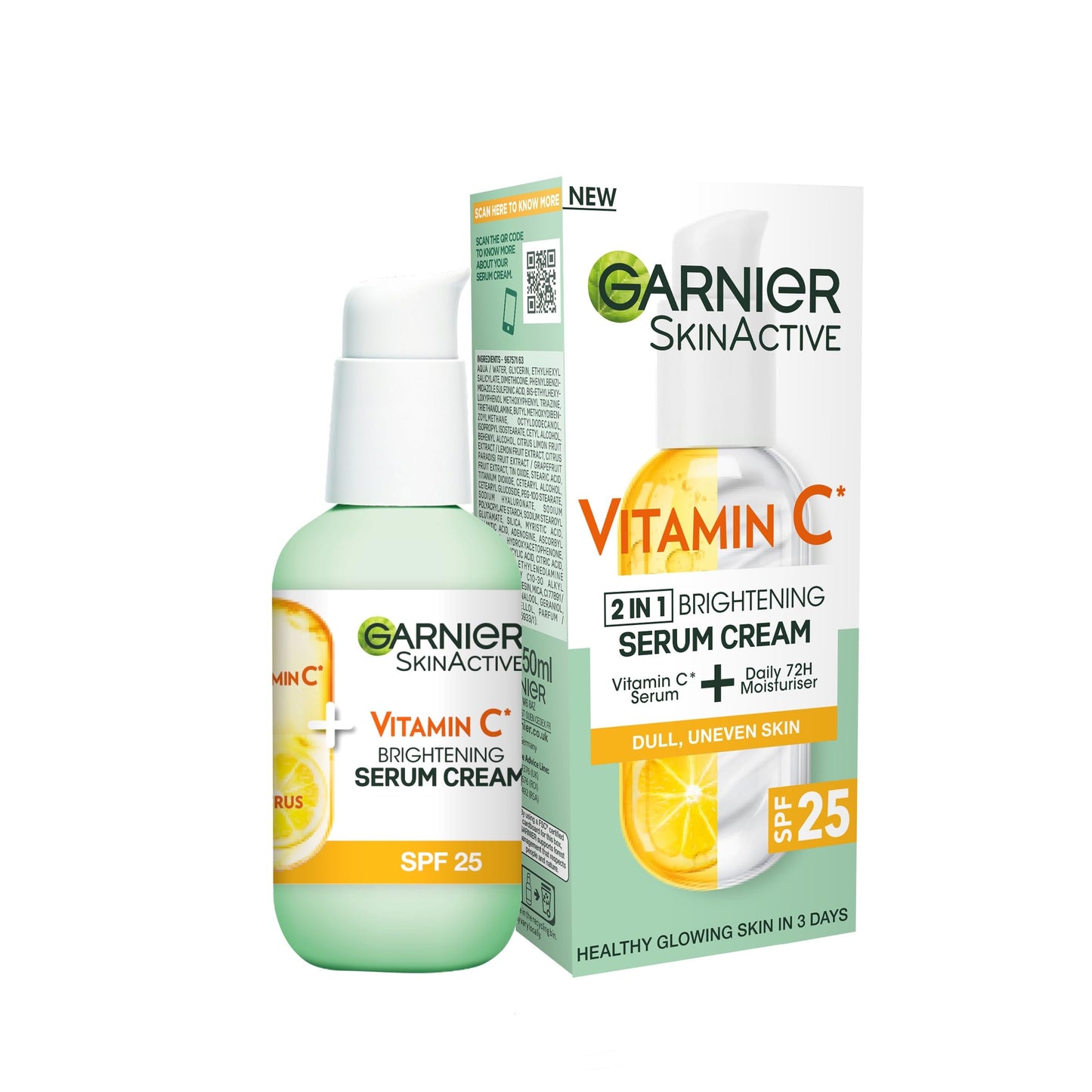 Garnier Vitamin C Serum Cream, 2in1 Formula With 20% Vitamin C serum & SPF 25 Moisturiser, Hydrate & Reveal Bright Glowing Skin, Organic & Vegan Formula, 50ml