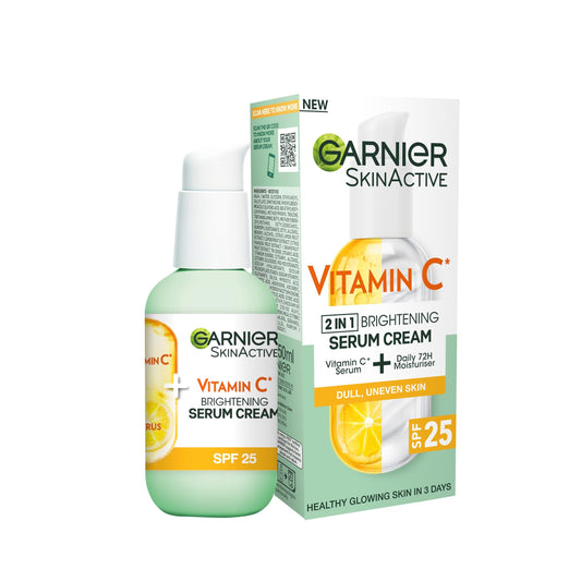 Garnier Vitamin C Serum Cream, 2in1 Formula With 20% Vitamin C serum & SPF 25 Moisturiser, Hydrate & Reveal Bright Glowing Skin, Organic & Vegan Formula, 50ml