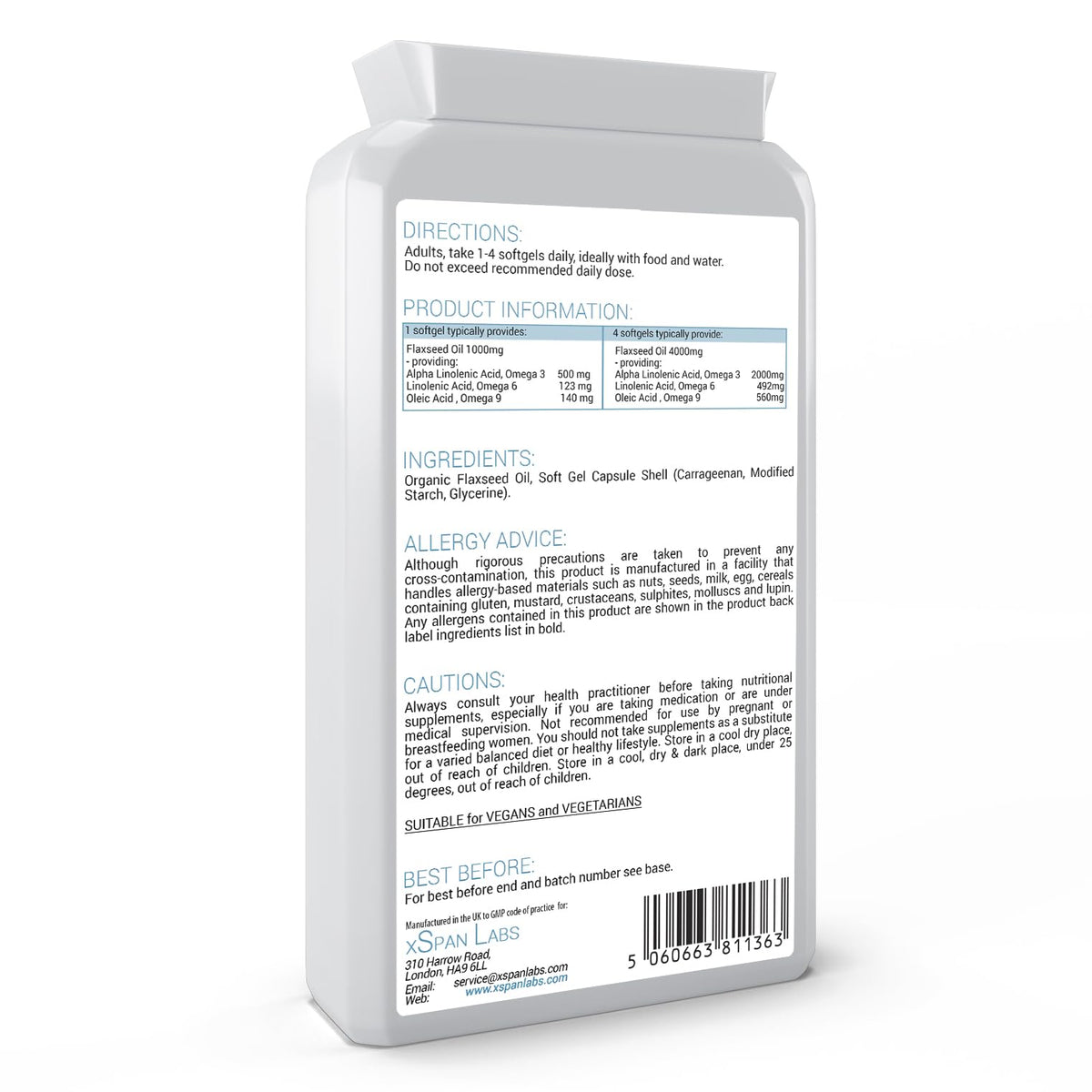 Xspan Labs xSpan Labs Flaxseed Oil Capsules 1000mg - 90 Vegan Soft Gels Supplement