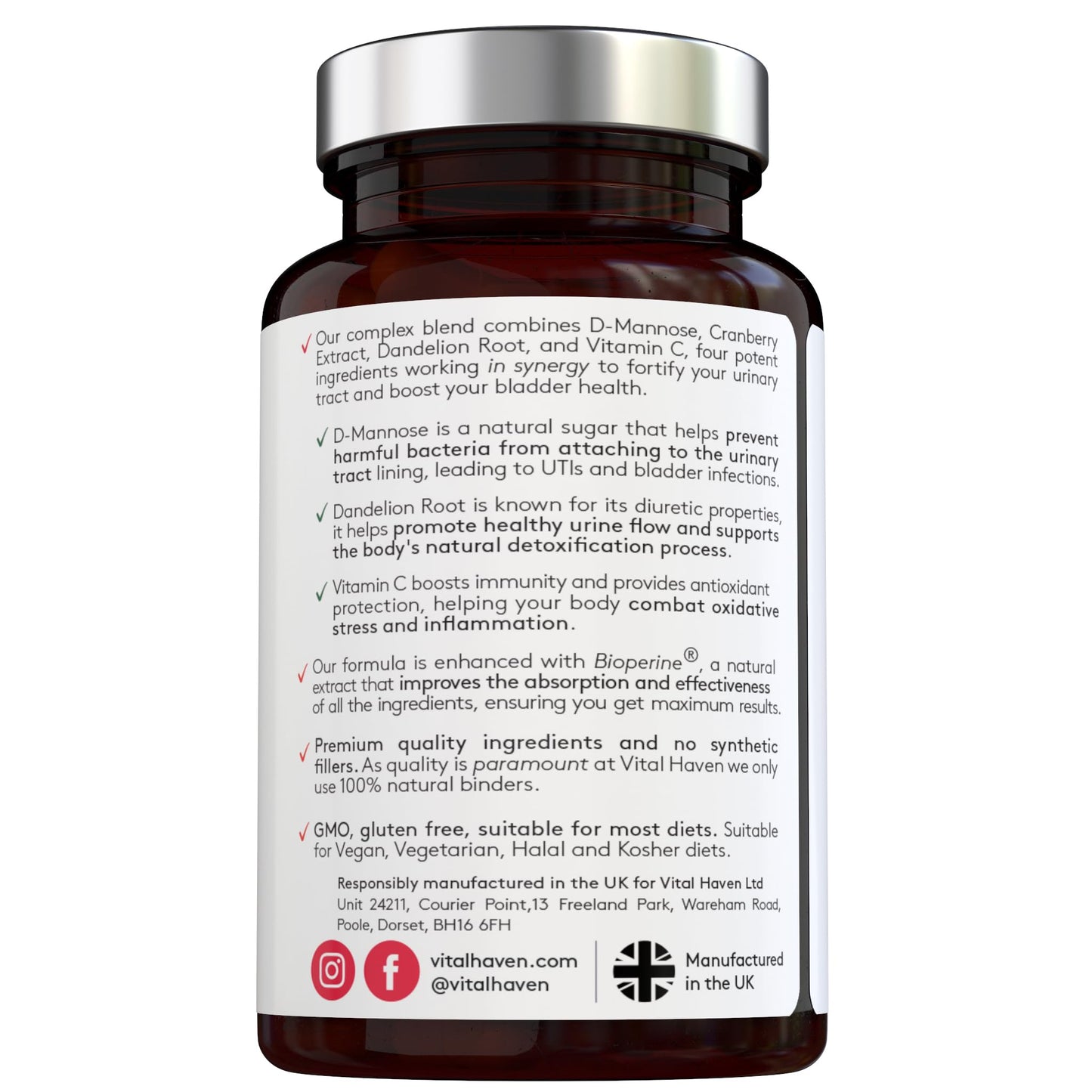 100% Natural - 5-in-1 D-Mannose Complex – 120 Vegan Capsules - Max Potency - D-Mannose + Cranberry Extract + Dandelion Root + Vitamin C – for UTI/Bladder Care - Made in The UK by Vital Haven