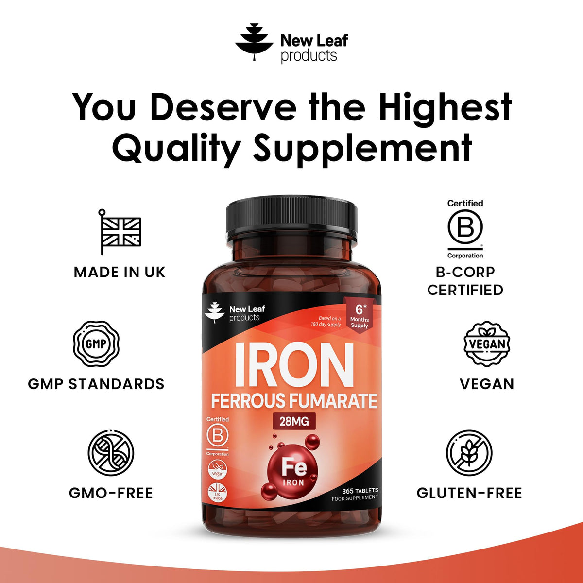 NEW LEAF PRODUCTS Gentle Iron Tablets 28mg High Strength Ferrous Fumarate Iron - Vegan Iron Supplements for Men and Womens Health - Reduction in Tiredness and Fatigue, Supports Immune, Health and Energy