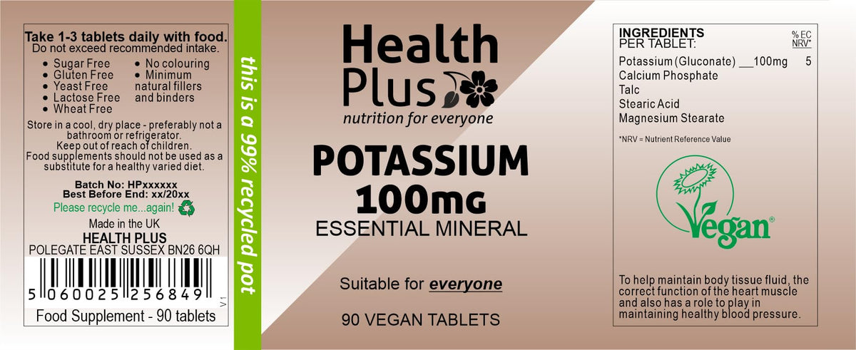Health Plus Potassium 100mg : Mineral Supplement - 90 Tablets, in a Planet-Friendly 99% Recycled Pot