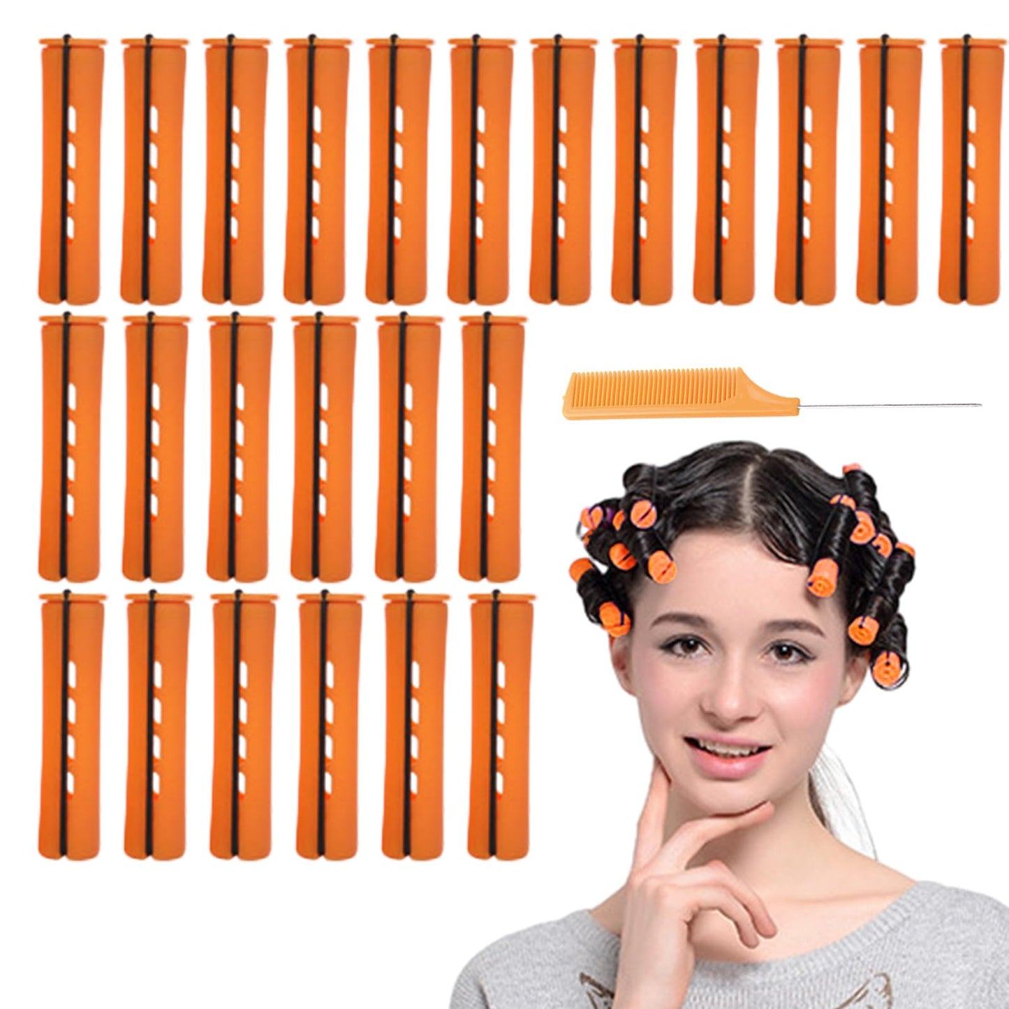 Hahhhha 24 Pieces Hair Perm Rods Cold Wave Rods,Perm Rods Set Medium Size Cold Wave Rods with Steel Pintail Comb Rat Tail Comb, Curly Rods Tools for DIY(orange)