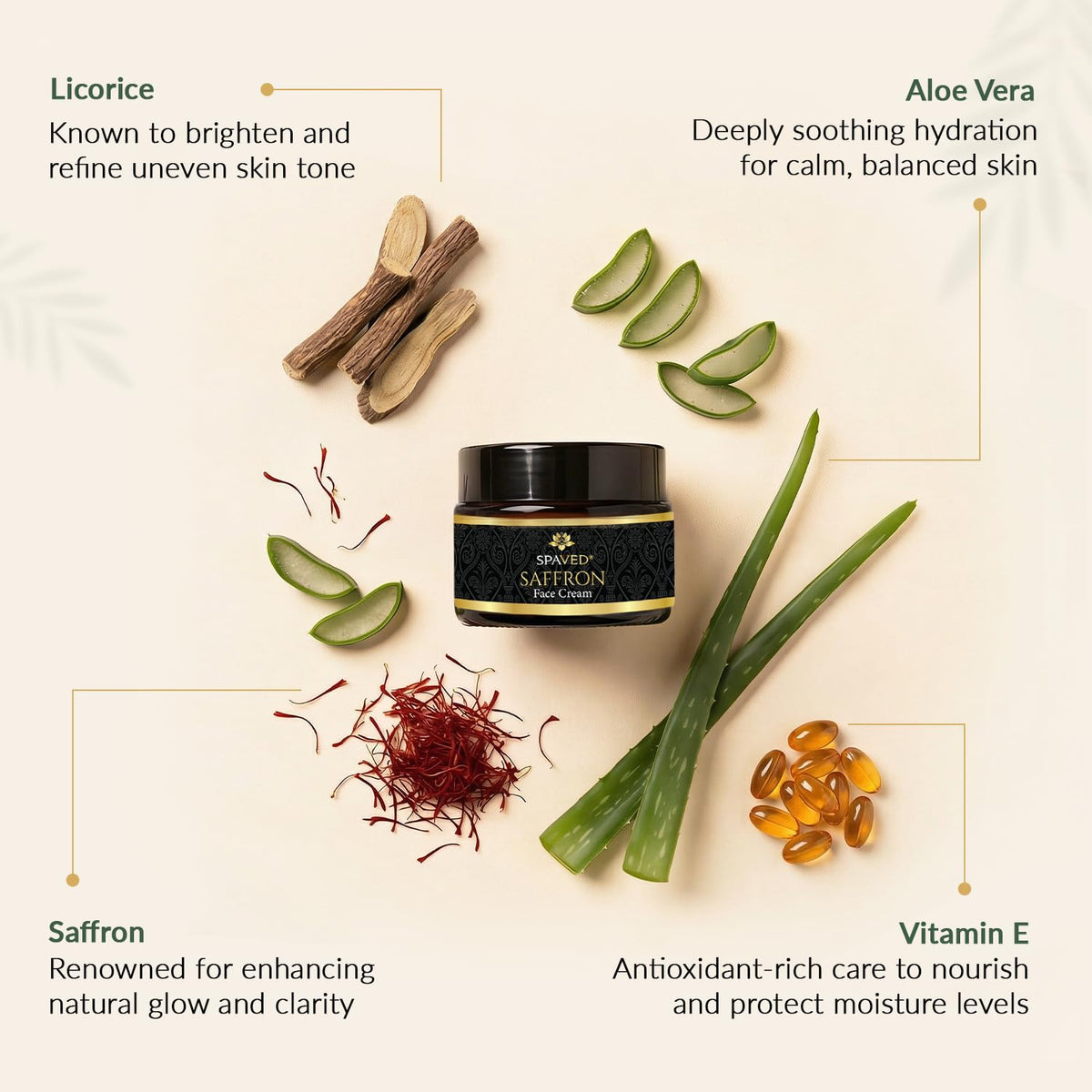SPAVED Spaved Saffron Face Cream 50g - Anti - Ageing Brightening Moisturiser with Aloe Vera & Licorice for Radiant Skin - Supports Skin Barrier & Youthful, Glowing Complexion - Herbal Day Cream - Vegan