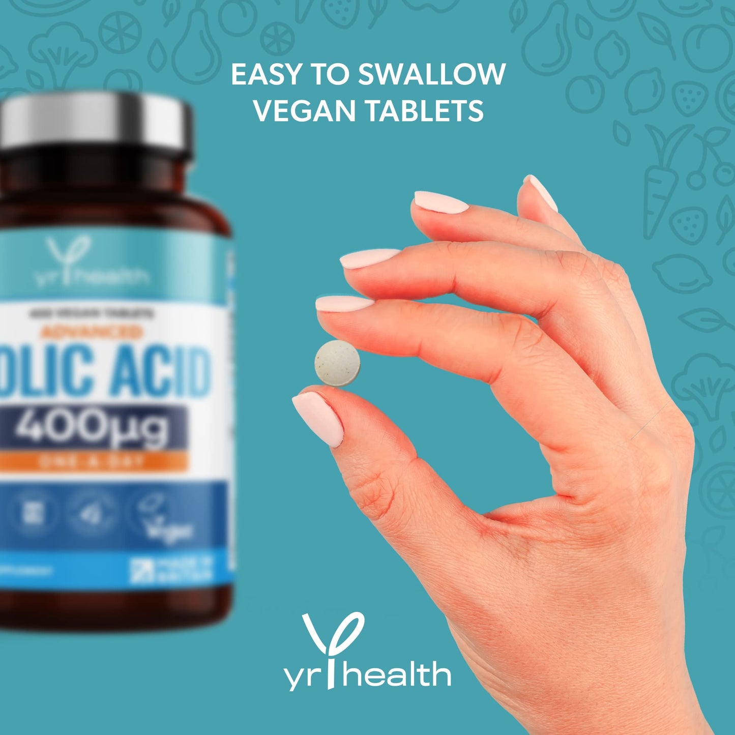 Folic Acid 400 mcg Tablets - 400 Vegan Vitamin B9 Tablets for Women, 13 Month Supply, Folic Acid Pregnancy for Normal Function of Immune System and Maternal Tissue Growth - Made in The UK by YrHealth