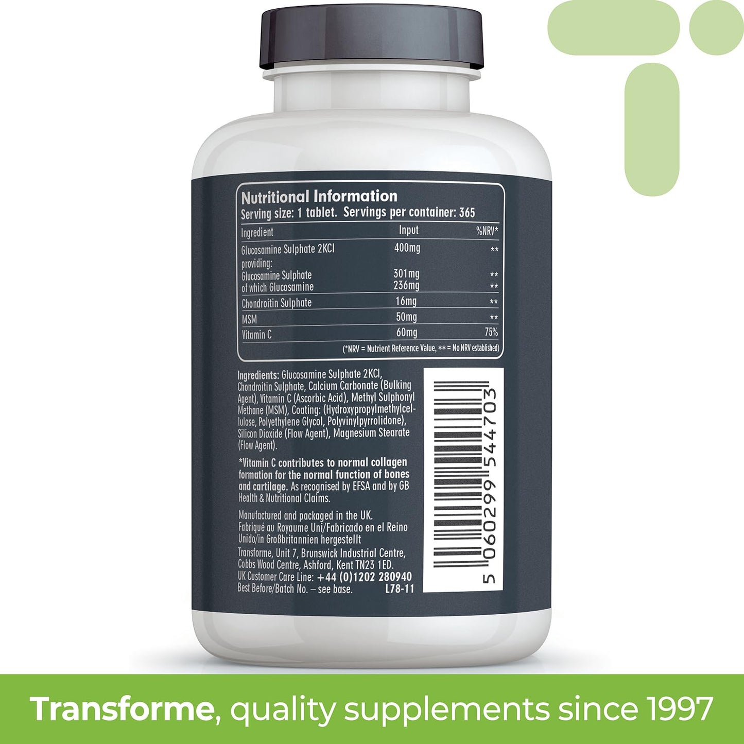 Transforme Glucosamine Chondroitin MSM Vitamin C, 365 Tablets, High Strength Complex, Up to 1 Year Supply, Easy to Swallow, UK Made