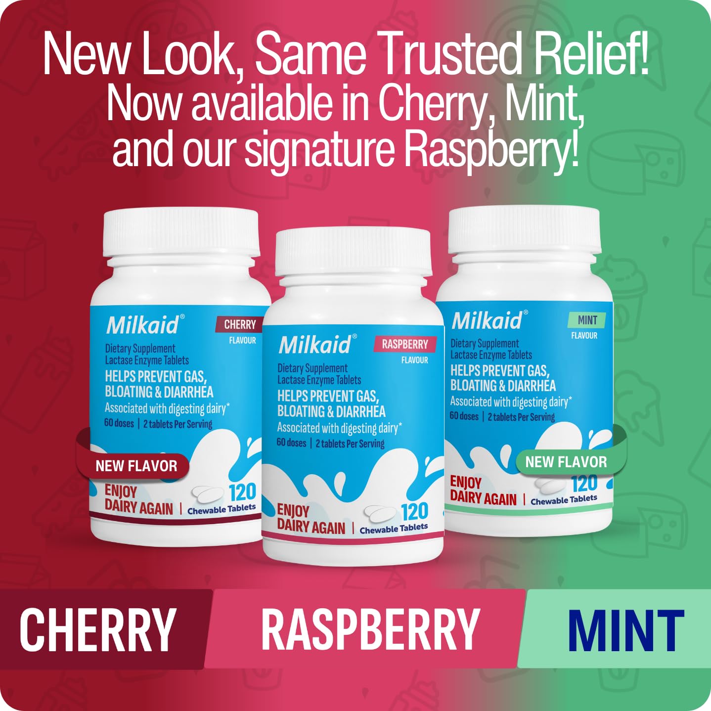 Milkaid Lactase Enzyme Chewable Tablets for Lactose Intolerance Relief, Prevents Gas, Bloating & Diarrhoea, Gluten Free & Vegan, Rasberry, 120 Count