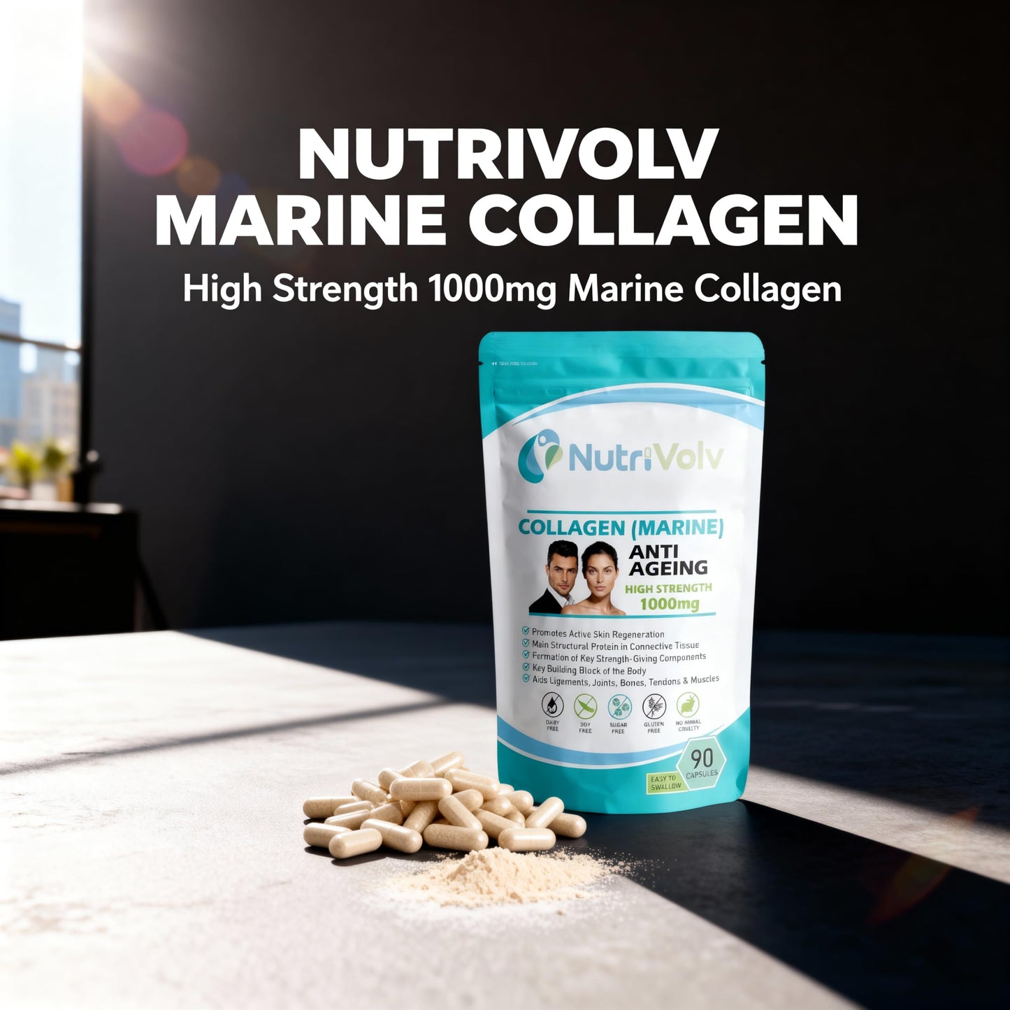 NutriVolv Collagen Marine 1000mg Supplement | Anti-Ageing Support for Skin, Joints, Bones, Muscles & Tissue Health | 90 Capsules | Boosts Skin Elasticity & Joint Mobility