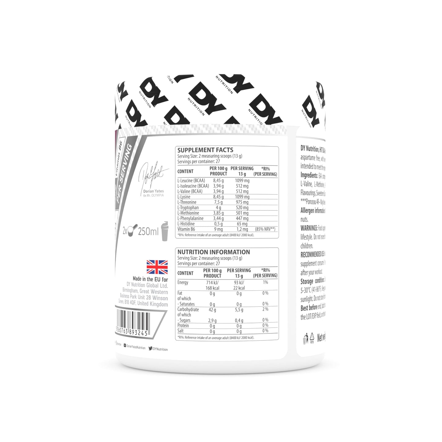 DY Nutrition HIT EAA - Essential Amino Amino Acids Complex 360g, (Blood Orange) with L-Lysine, Vitamin B6 & BCAAs
