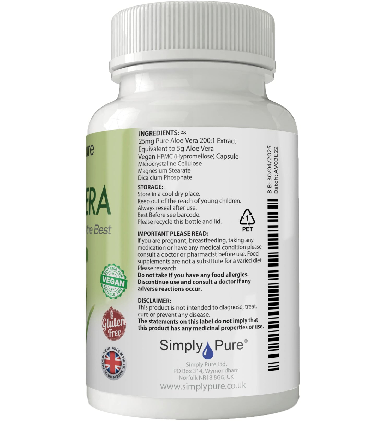 Simply Pure Aloe Vera for Digestive Health | 25mg Capsules x 90 | 200:1 Extract Equivalent to 5g Pure Aloe Vera Gel | Gluten Free | GM Free | Vegan