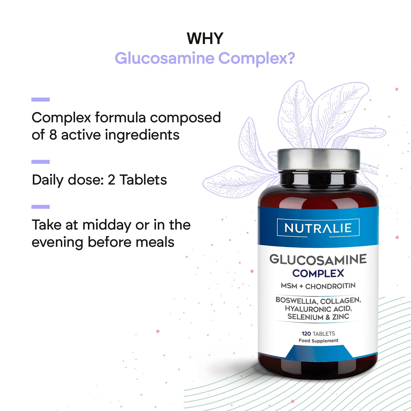 NUTRALIE Glucosamine and Chondroitin MSM, Collagen, Hyaluronic Acid, Boswellia, Selenium and Zinc - 120 Tablets Glucosamine Complex Nutralie