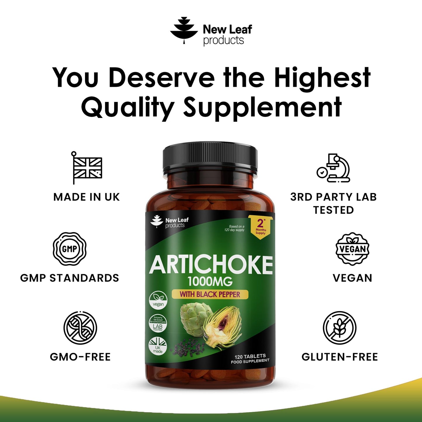 NEW LEAF PRODUCTS Artichoke Extract Tablets - 120 High Strength Artichoke Extract Tablets Enriched with Black Pepper - Artichoke Supplements No Inulin or Leaf Fibre - 5% Cynarin - 1000mg Made in UK