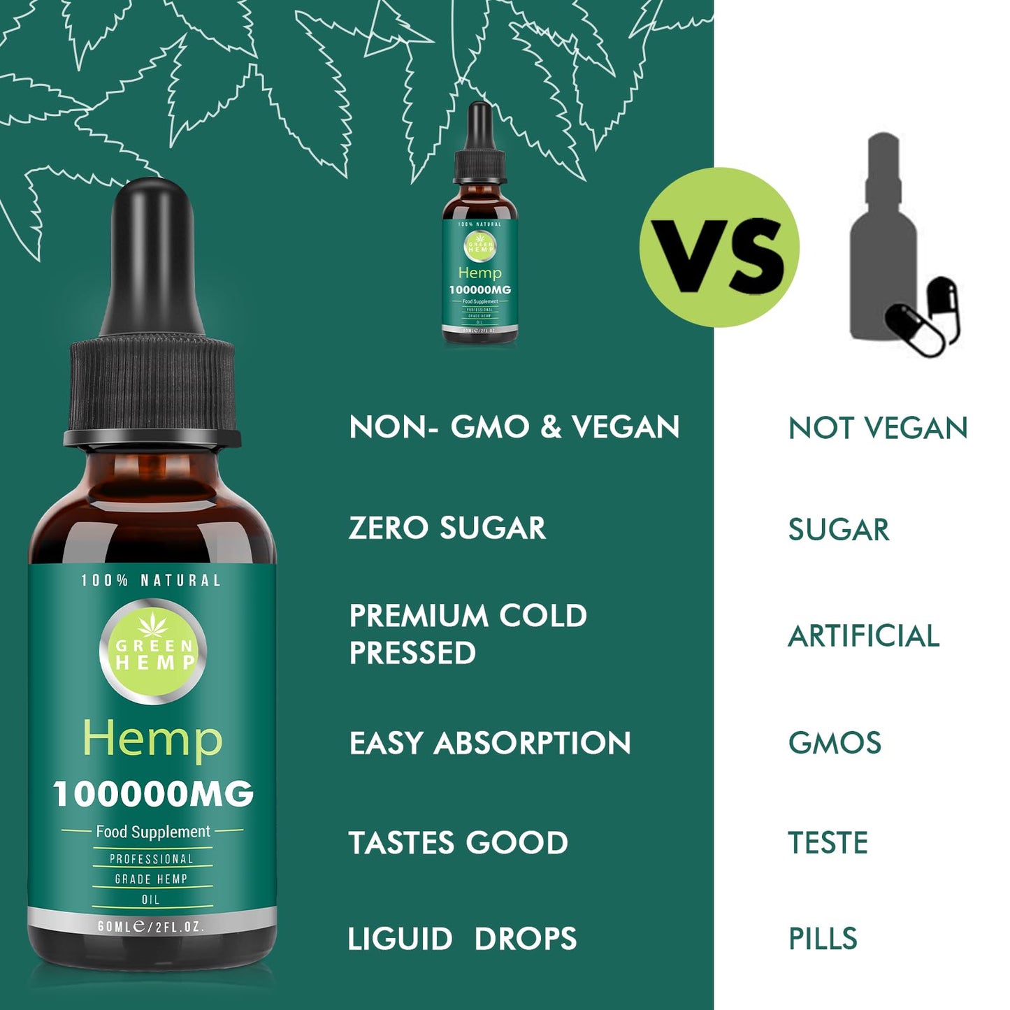 GREEN HEMP Premium Natural Oil Drops, High Potency Formula, Rich in Omega 3-6-9, Fatty Acid & Vitamin C-E, 100000mg 60ml