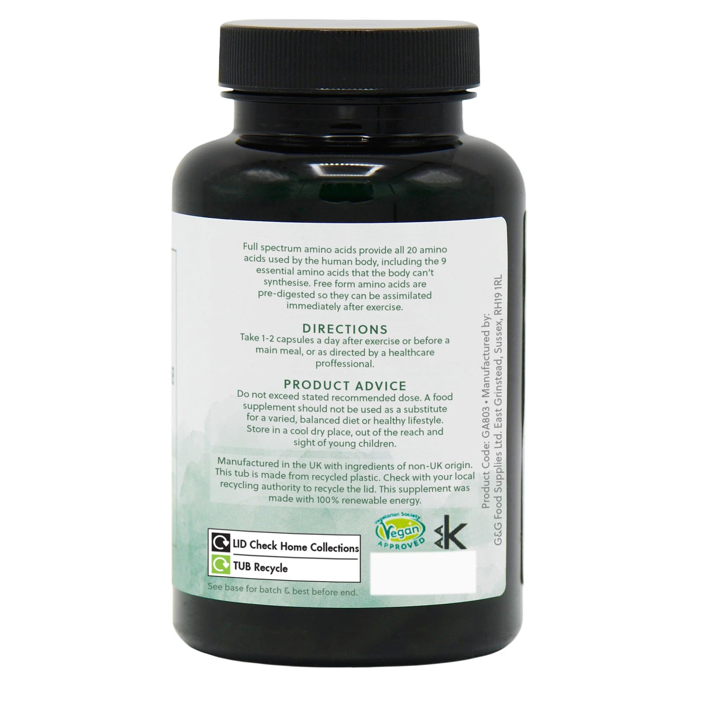 Full Spectrum Amino Acids Capsules - EAA, BCAA - Free Form Amino Acids - 120 Vegan Capsules - Non-GMO, Made in The UK by G&G Vitamins